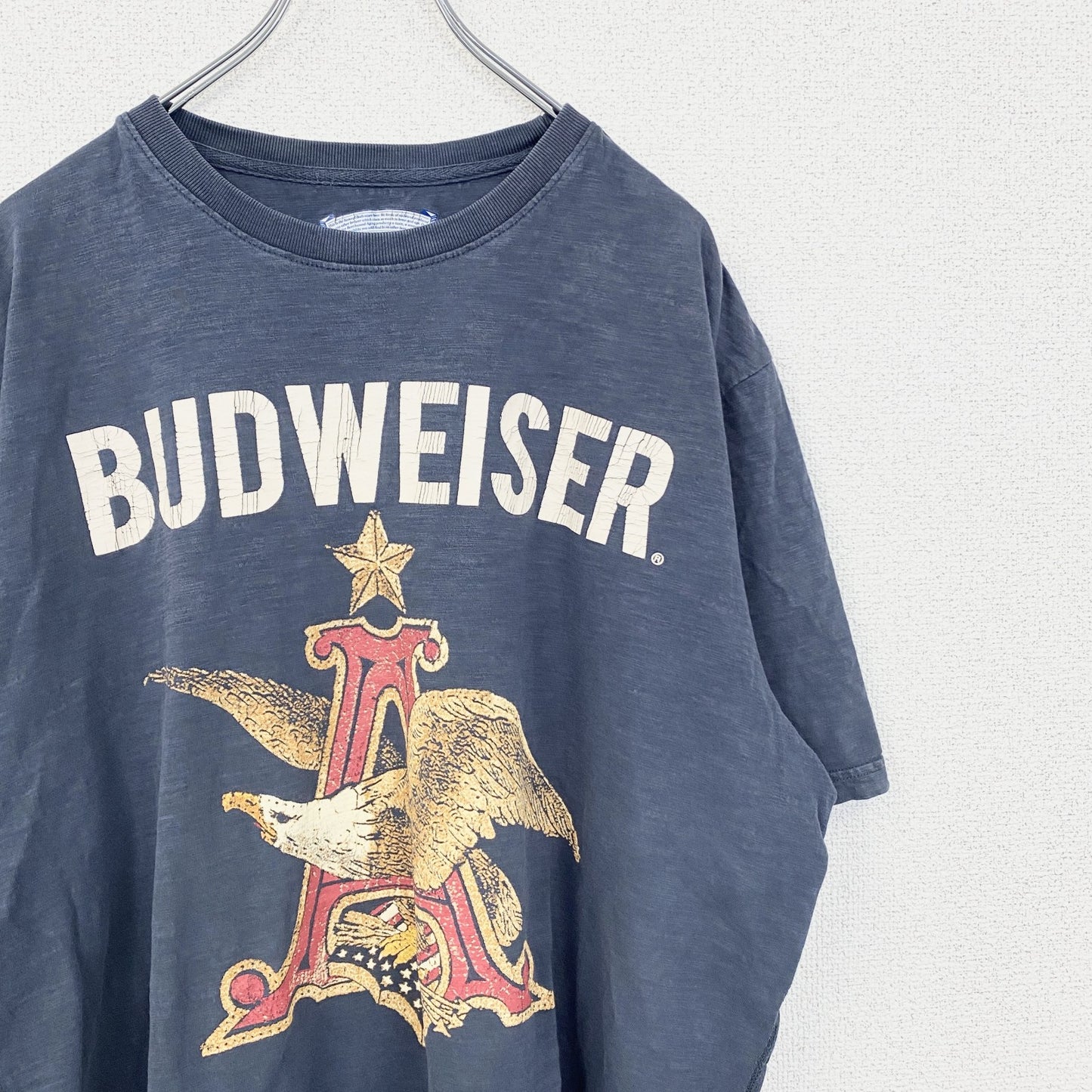 古着 used　BUDWEISER　半袖プリントTシャツ　イーグル　クルーネック　レトロデザイン　紺　ネイビー　XLサイズ