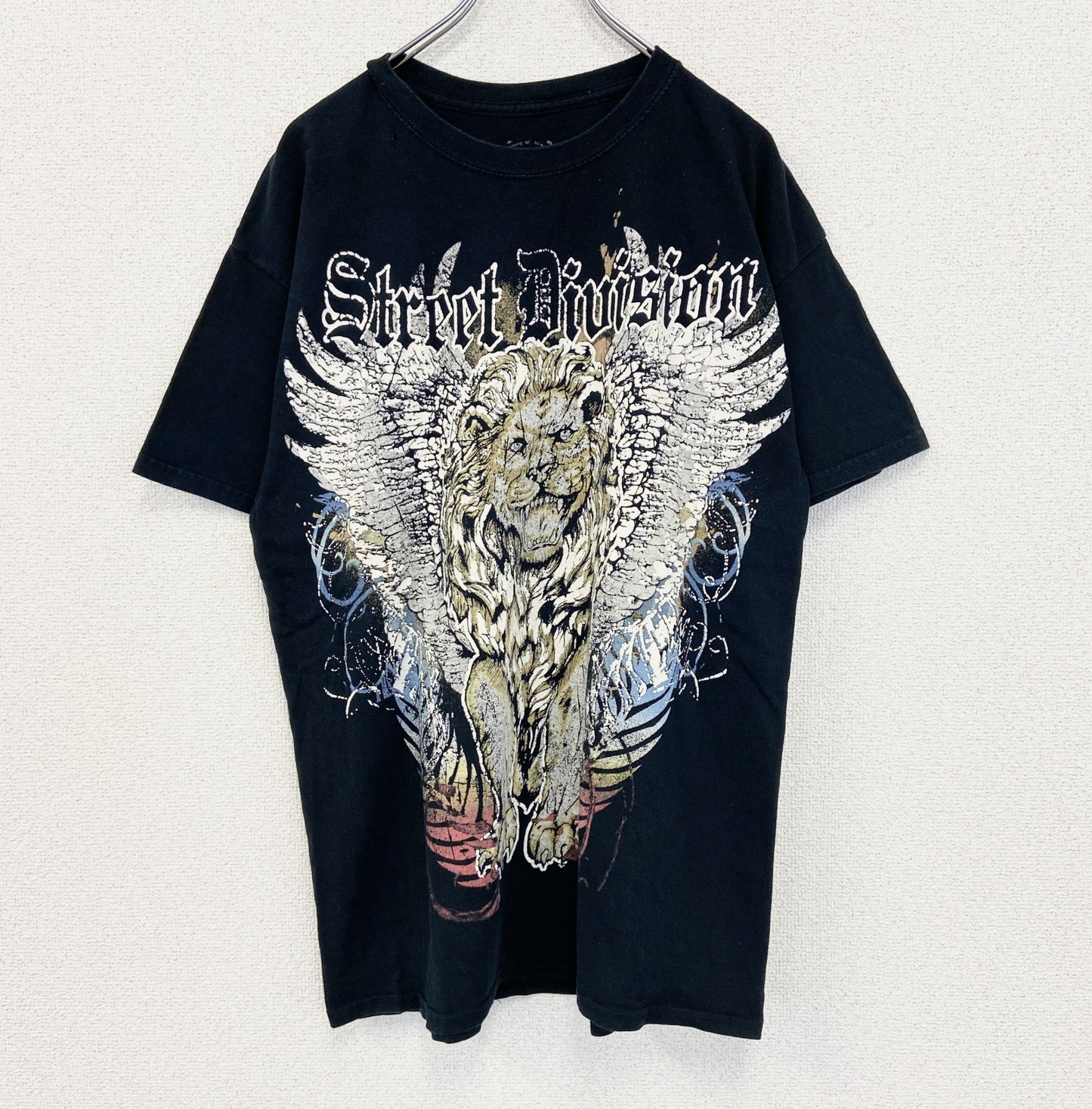 古着 used　MAURO IERRINI　半袖ビッグプリントTシャツ　ライオン　翼　十字架　クルーネック　黒　レトロ　Lサイズ