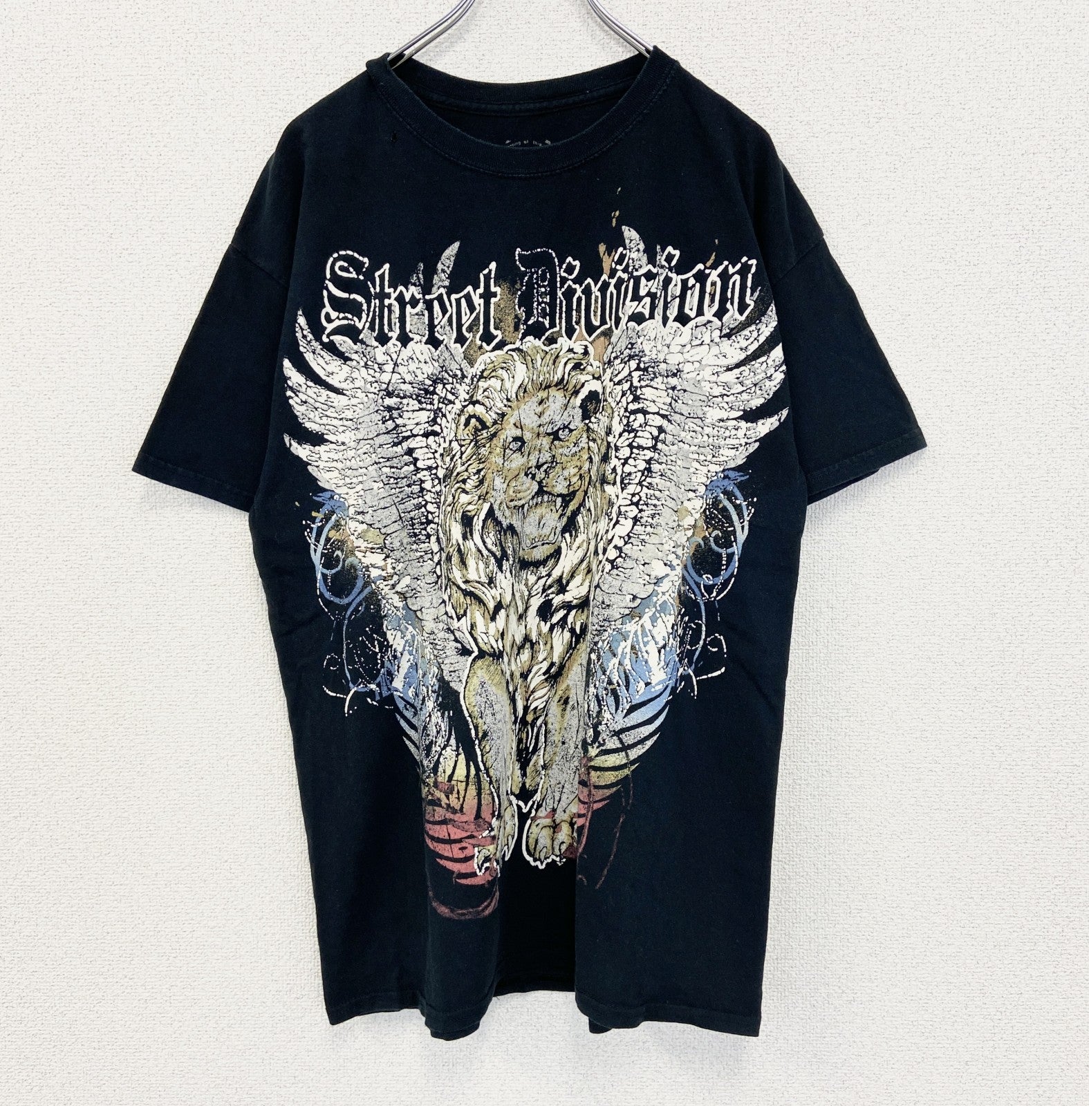 古着 used　MAURO IERRINI　半袖ビッグプリントTシャツ　ライオン　翼　十字架　クルーネック　黒　レトロ　Lサイズ