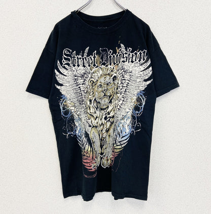 古着 used　MAURO IERRINI　半袖ビッグプリントTシャツ　ライオン　翼　十字架　クルーネック　黒　レトロ　Lサイズ