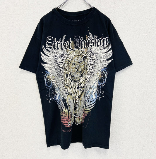 古着 used　MAURO IERRINI　半袖ビッグプリントTシャツ　ライオン　翼　十字架　クルーネック　黒　レトロ　Lサイズ