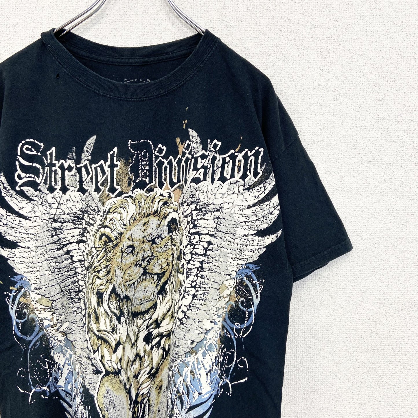 古着 used　MAURO IERRINI　半袖ビッグプリントTシャツ　ライオン　翼　十字架　クルーネック　黒　レトロ　Lサイズ