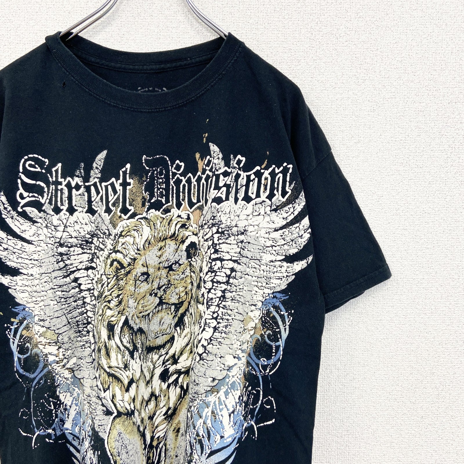古着 used　MAURO IERRINI　半袖ビッグプリントTシャツ　ライオン　翼　十字架　クルーネック　黒　レトロ　Lサイズ