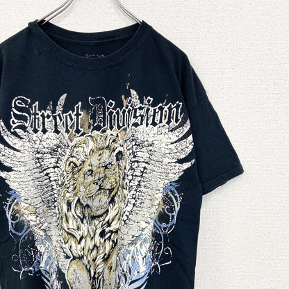 古着 used　MAURO IERRINI　半袖ビッグプリントTシャツ　ライオン　翼　十字架　クルーネック　黒　レトロ　Lサイズ