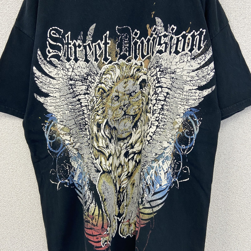 古着 used　MAURO IERRINI　半袖ビッグプリントTシャツ　ライオン　翼　十字架　クルーネック　黒　レトロ　Lサイズ