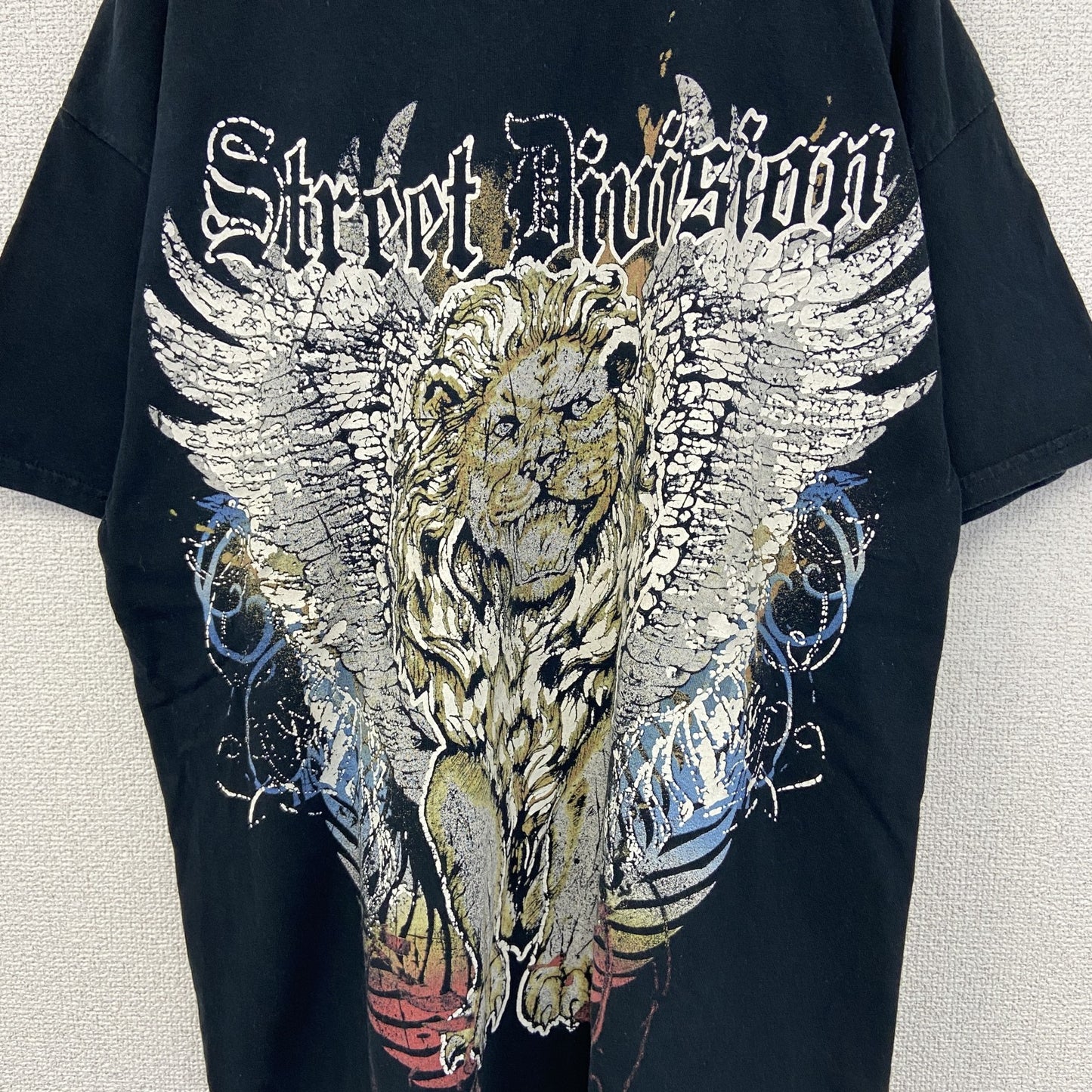 古着 used　MAURO IERRINI　半袖ビッグプリントTシャツ　ライオン　翼　十字架　クルーネック　黒　レトロ　Lサイズ