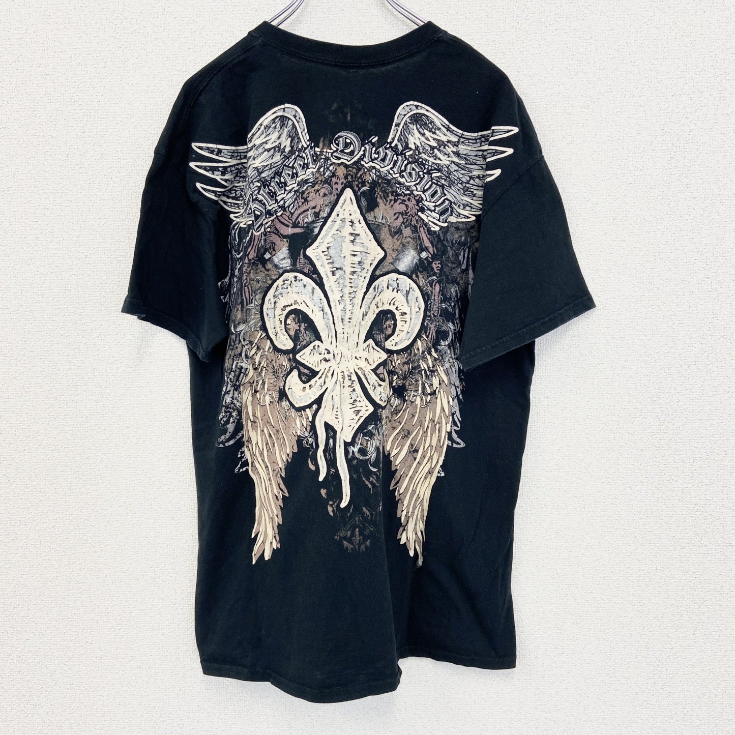 古着 used　MAURO IERRINI　半袖ビッグプリントTシャツ　ライオン　翼　十字架　クルーネック　黒　レトロ　Lサイズ