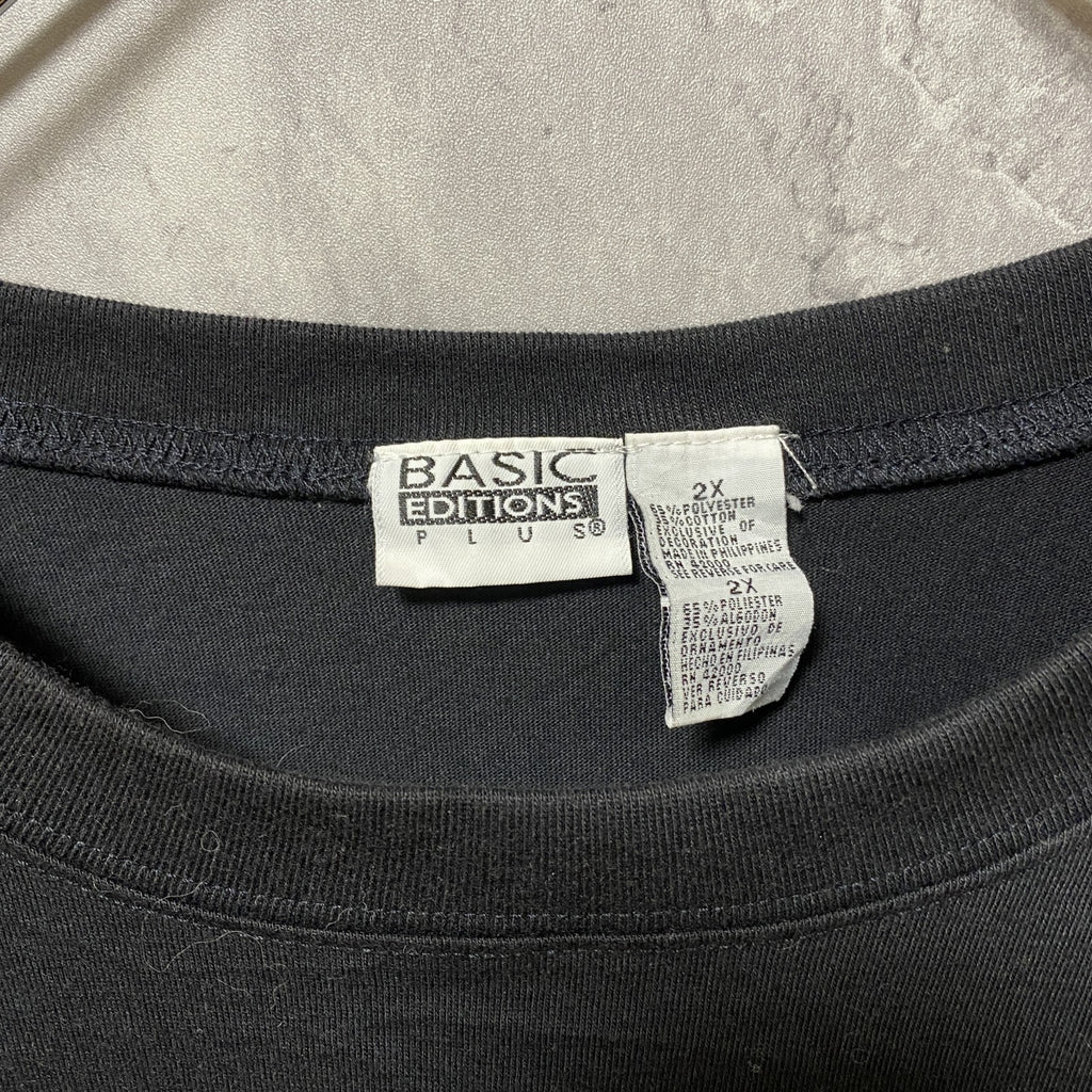 古着 used　半袖クルーネック刺繍Tシャツ　星柄　肩パッド付　黒　ブラック　ビッグシルエット　オーバーサイズ　XXLサイズ