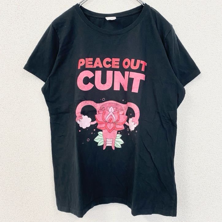 古着 used　半袖プリントTシャツ　クルーネック　レトロデザイン　PEACE OUT　黒　ブラック　Lサイズ