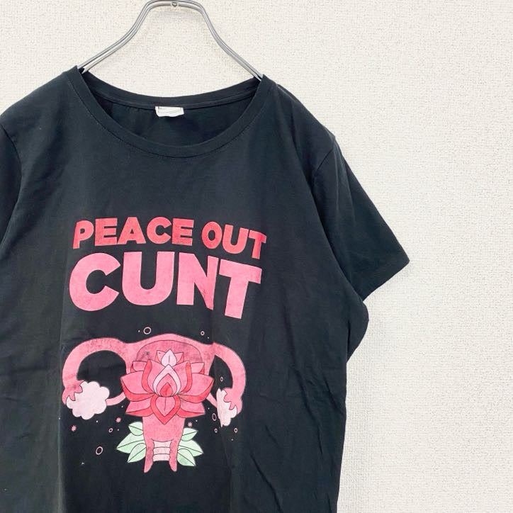 古着 used　半袖プリントTシャツ　クルーネック　レトロデザイン　PEACE OUT　黒　ブラック　Lサイズ