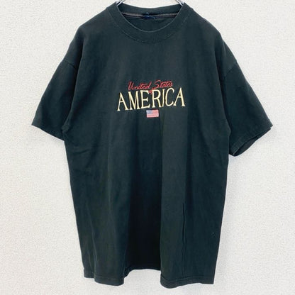 古着 used　半袖刺繍Tシャツ　AMERICA　アメリカ　星条旗　国旗　クルーネック　レトロデザイン　黒　ブラック　