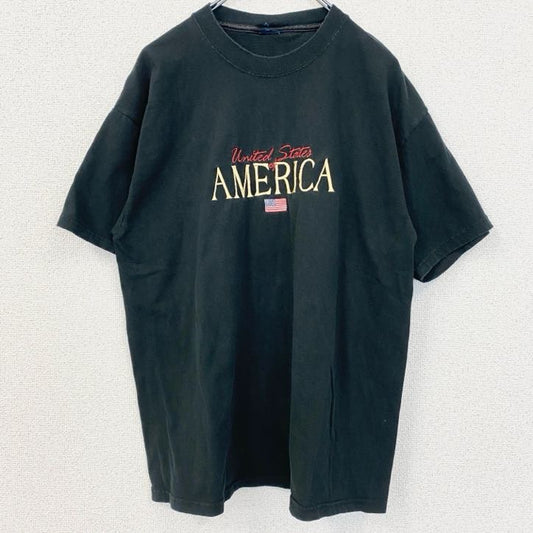 古着 used　半袖刺繍Tシャツ　AMERICA　アメリカ　星条旗　国旗　クルーネック　レトロデザイン　黒　ブラック　