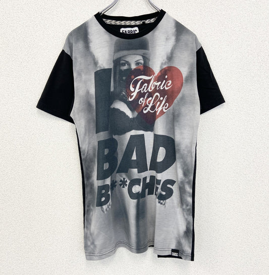 古着 used　FABRIC ファブリック　半袖ビッグプリントTシャツ　女性　クルーネック　黒　ブラック　レトロ　Lサイズ