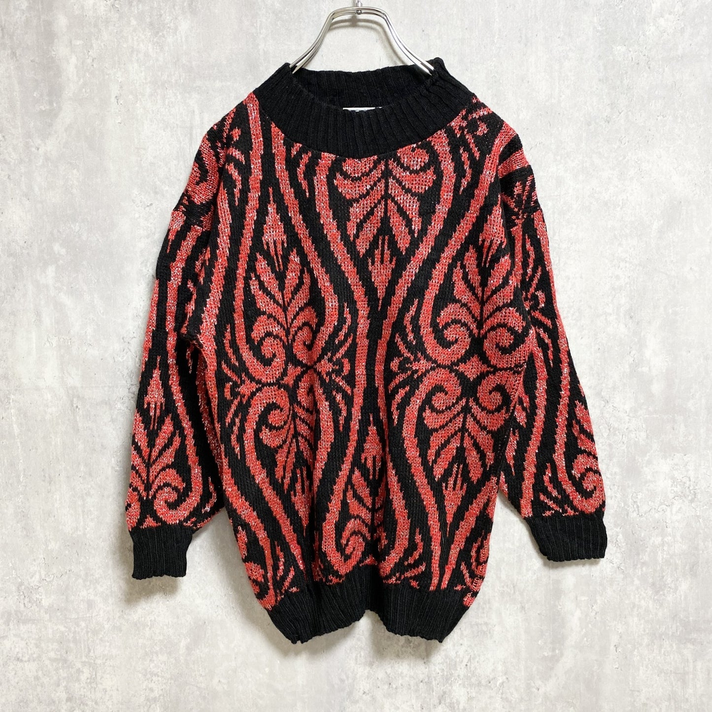 古着 used　～90s　G.F.C.LTD　長袖総柄ニット　セーター　ラメ　クルーネック　赤　レッド　USA製　Mサイズ
