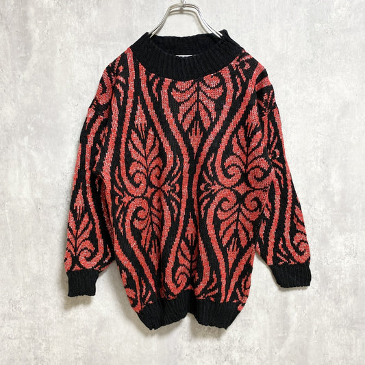 古着 used　～90s　G.F.C.LTD　長袖総柄ニット　セーター　ラメ　クルーネック　赤　レッド　USA製　Mサイズ