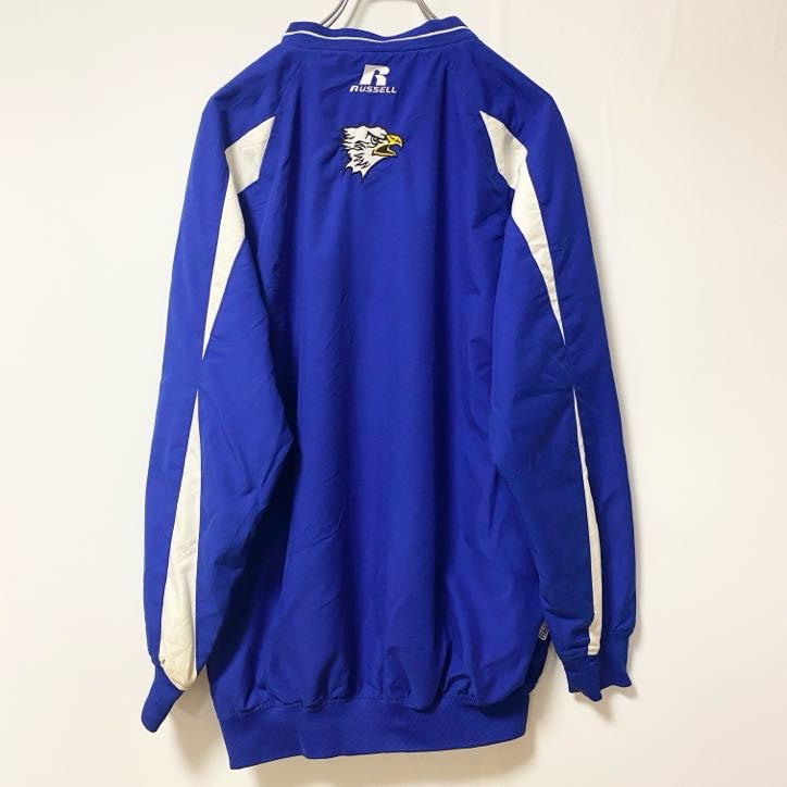 古着 used　RUSSELL ATHLETIC　長袖刺繍ナイロンプルオーバー　ウィンドブレーカー　 ブルー　XLサイズ