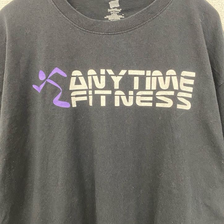 古着 used　Hanes　ヘインズ　半袖プリントTシャツ　エニタイムフィットネス　レトロ　クルーネック　黒　ブラック　Lサイズ