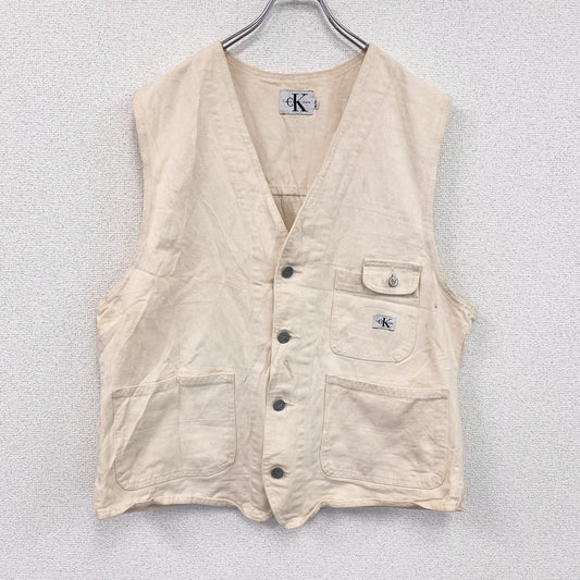 90s　Calvin Klein　カルバンクライン　ホワイトデニムベスト　ユーティリティベスト　ヴィンテージ　ベージュ　XLサイズ
