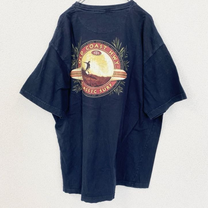 古着 used　newpor blue　半袖バックプリントTシャツ　サーフィン　クルーネック　レトロデザイン　紺　ネイビー　