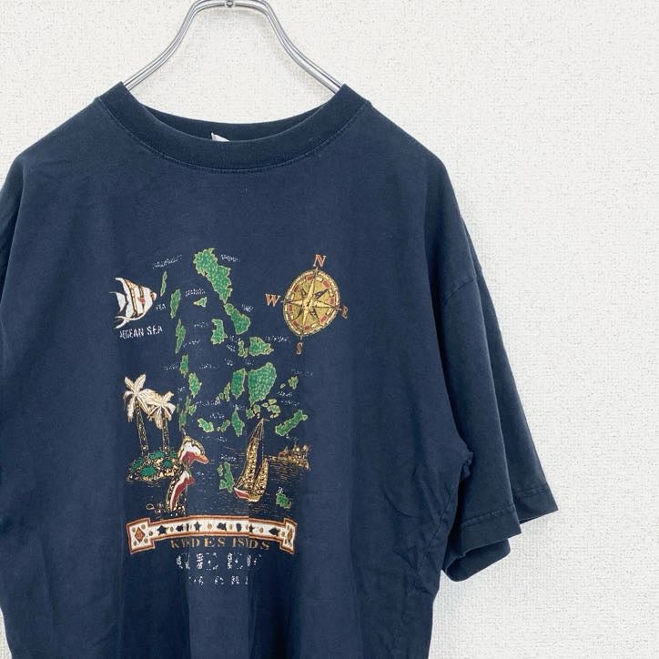 古着 used　半袖プリントTシャツ　地図　Kyklades　キクラデス諸島　クルーネック　レトロデザイン　紺　ネイビー　Lサイズ