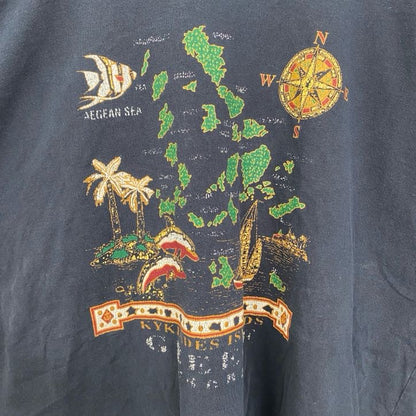 古着 used　半袖プリントTシャツ　地図　Kyklades　キクラデス諸島　クルーネック　レトロデザイン　紺　ネイビー　Lサイズ