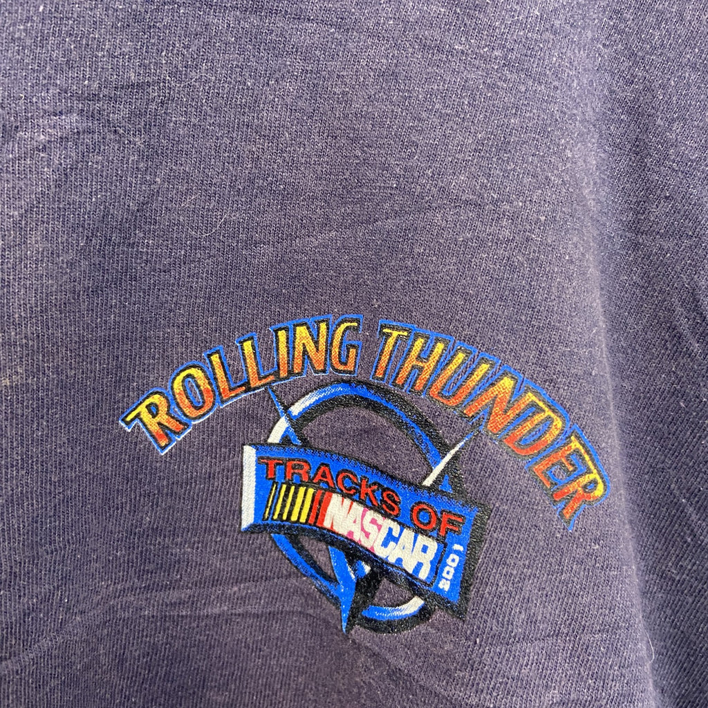 00s　ROLLING THUNDER　半袖プリントTシャツ　NUSCAR　フェード　アーチプリント　ヴィンテージ　紺　ネイビー