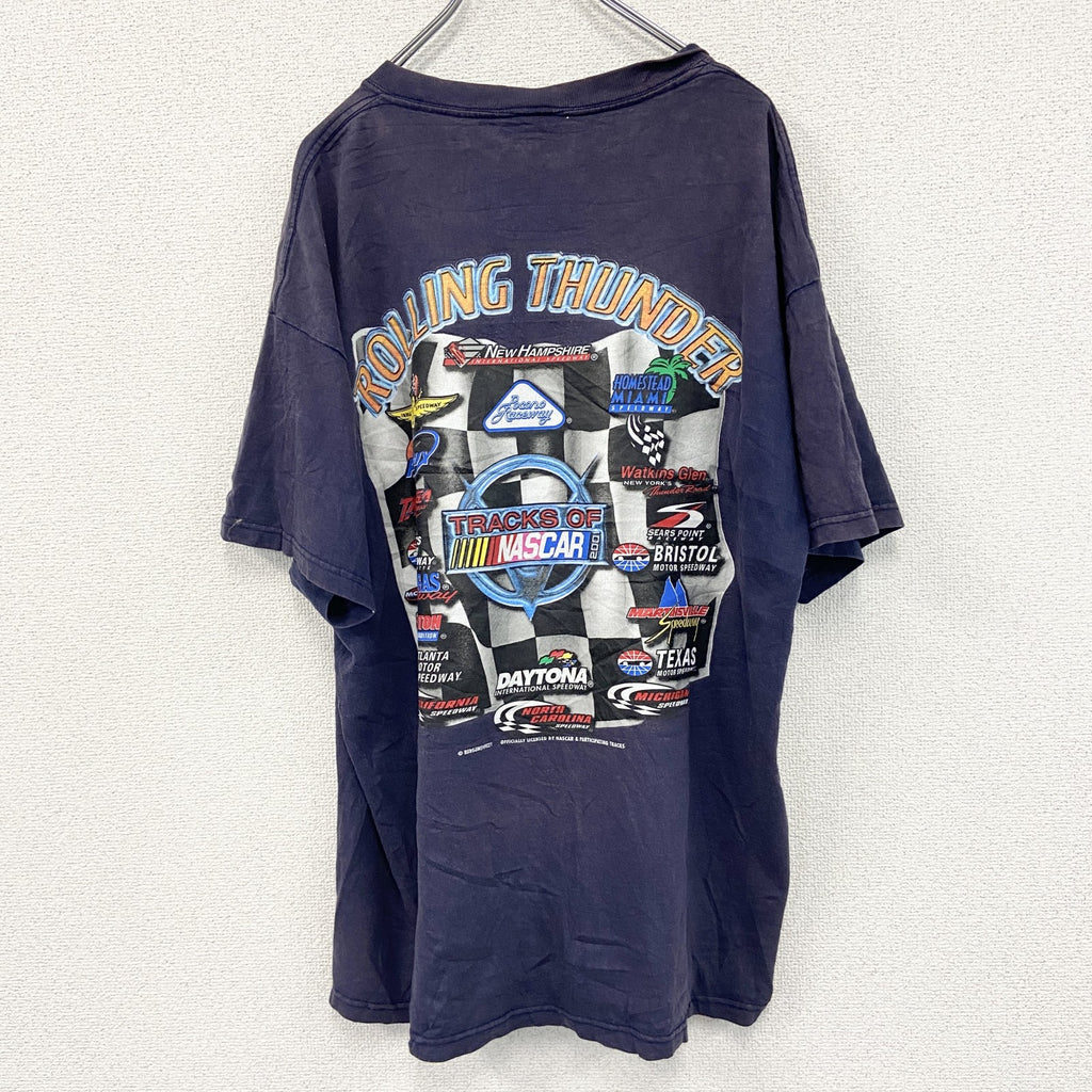 00s　ROLLING THUNDER　半袖プリントTシャツ　NUSCAR　フェード　アーチプリント　ヴィンテージ　紺　ネイビー