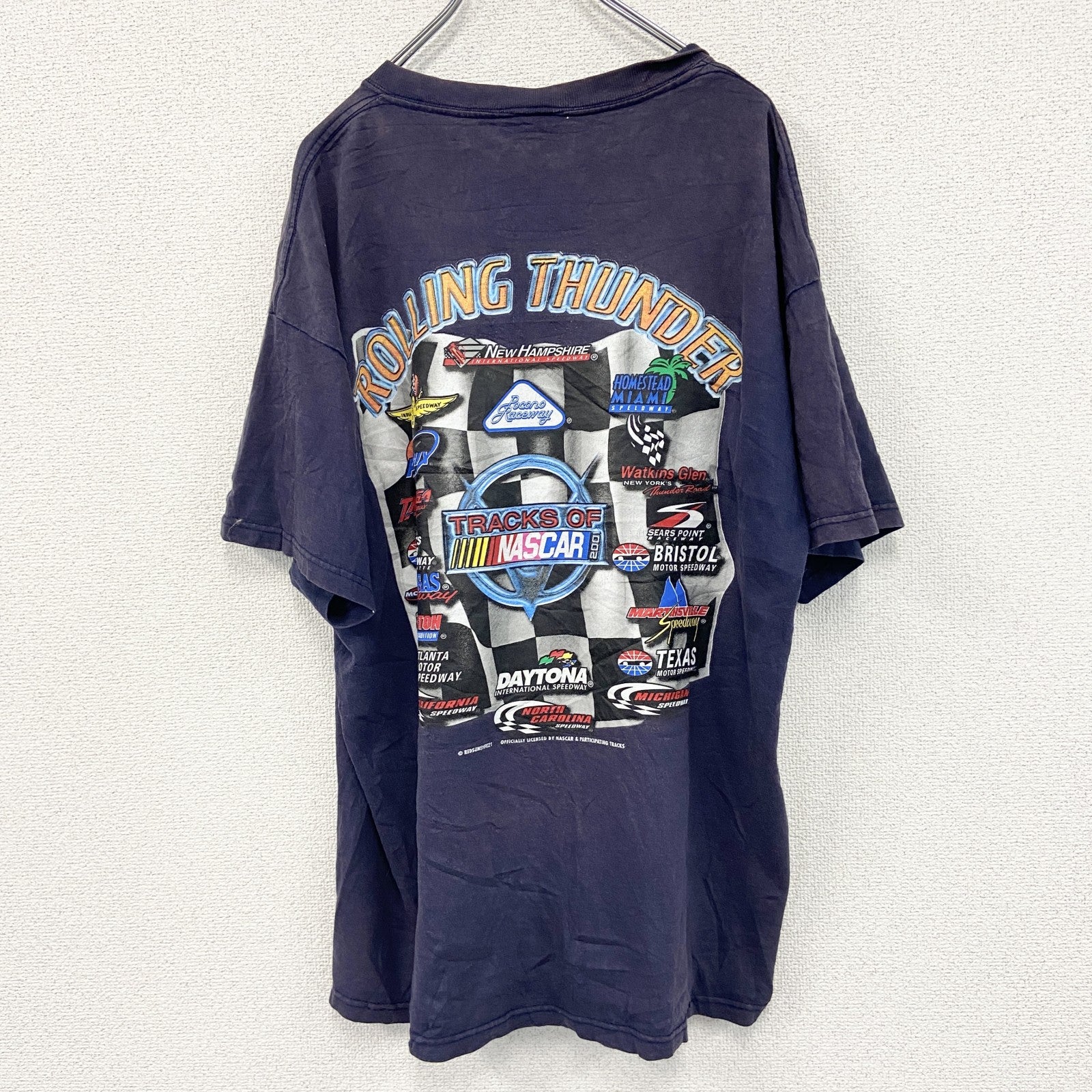 00s　ROLLING THUNDER　半袖プリントTシャツ　NUSCAR　フェード　アーチプリント　ヴィンテージ　紺　ネイビー