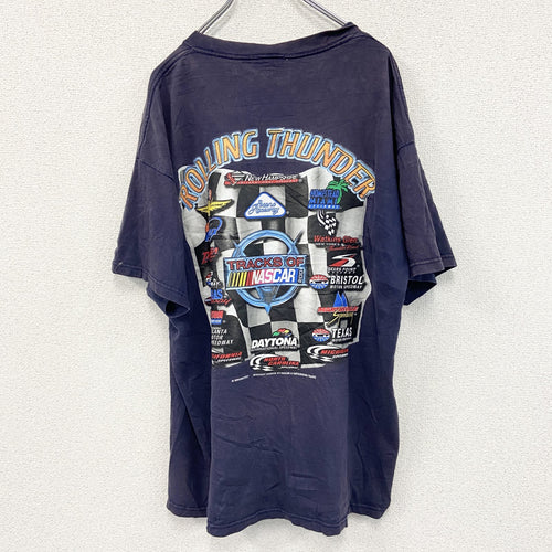 00s　ROLLING THUNDER　半袖プリントTシャツ　NUSCAR　フェード　アーチプリント　ヴィンテージ　紺　ネイビー