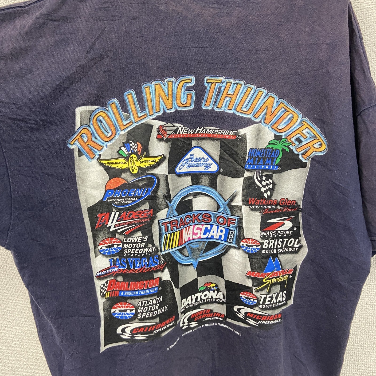 00s　ROLLING THUNDER　半袖プリントTシャツ　NUSCAR　フェード　アーチプリント　ヴィンテージ　紺　ネイビー