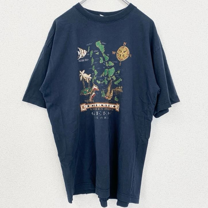 古着 used　半袖プリントTシャツ　地図　Kyklades　キクラデス諸島　クルーネック　レトロデザイン　紺　ネイビー　Lサイズ