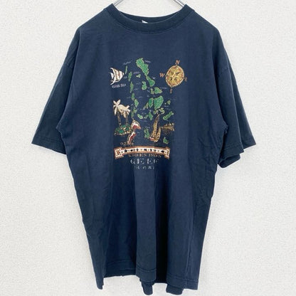 古着 used　半袖プリントTシャツ　地図　Kyklades　キクラデス諸島　クルーネック　レトロデザイン　紺　ネイビー　Lサイズ