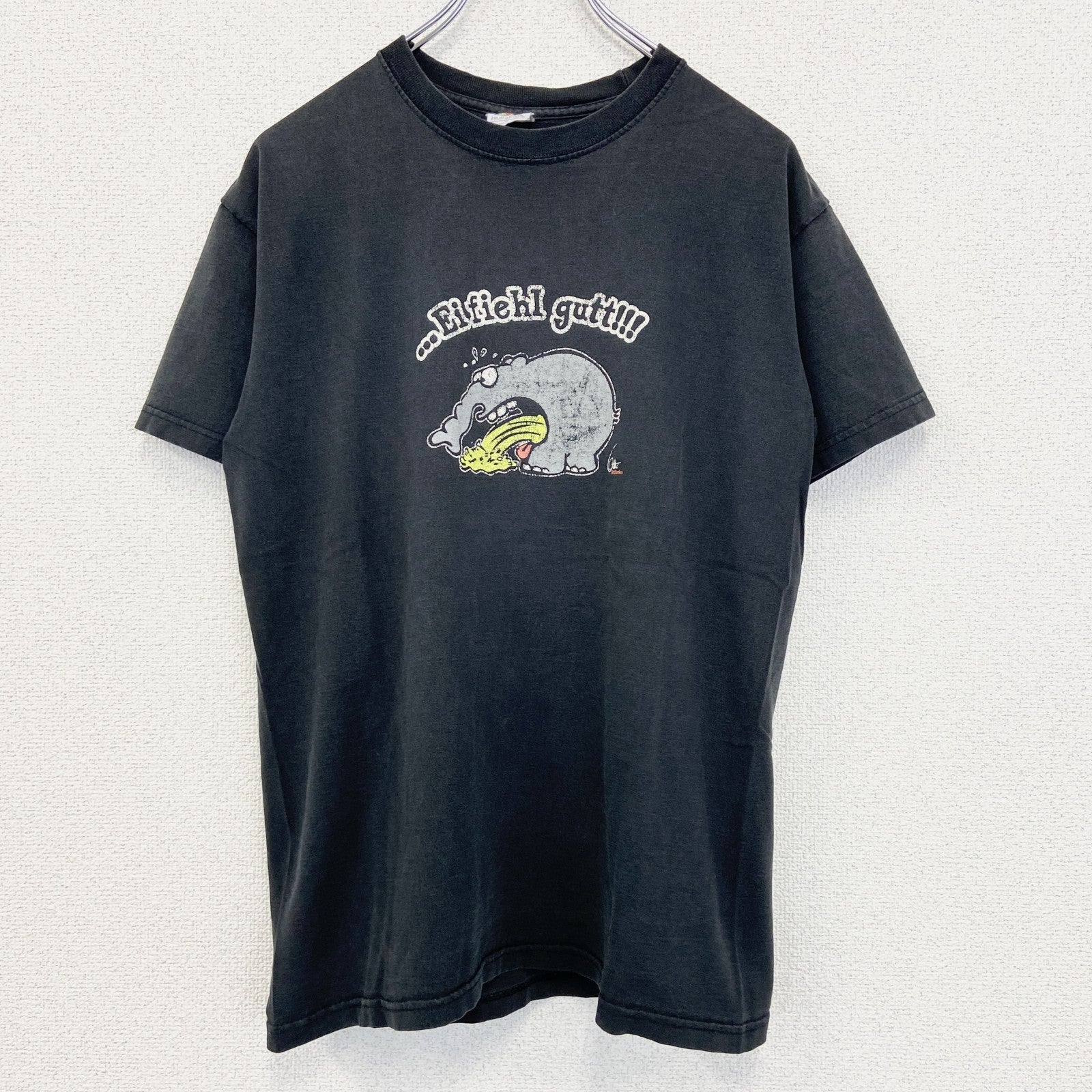 古着 used　FRUIT OF THE LOOM　半袖プリントTシャツ　象　クルーネック　シティーボーイ　黒　レトロ　Sサイズ