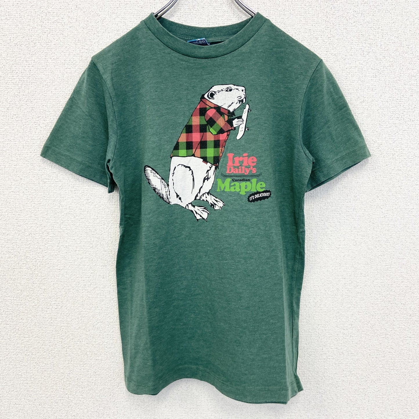 古着 used　riedaill　半袖プリントTシャツ　ビーバー　クルーネック　カジュアル　シティーボーイ　緑　レトロ　Sサイズ