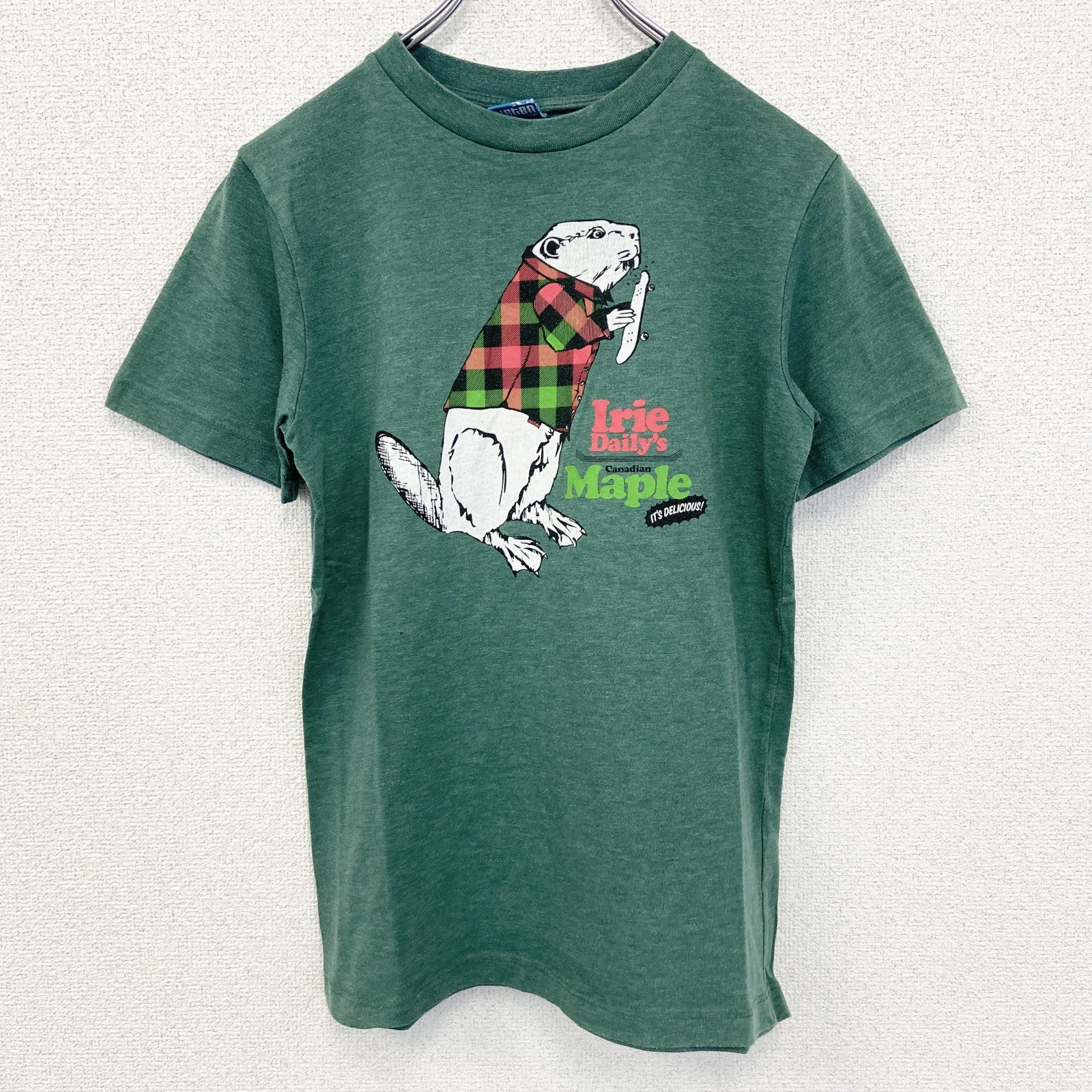 古着 used　riedaill　半袖プリントTシャツ　ビーバー　クルーネック　カジュアル　シティーボーイ　緑　レトロ　Sサイズ