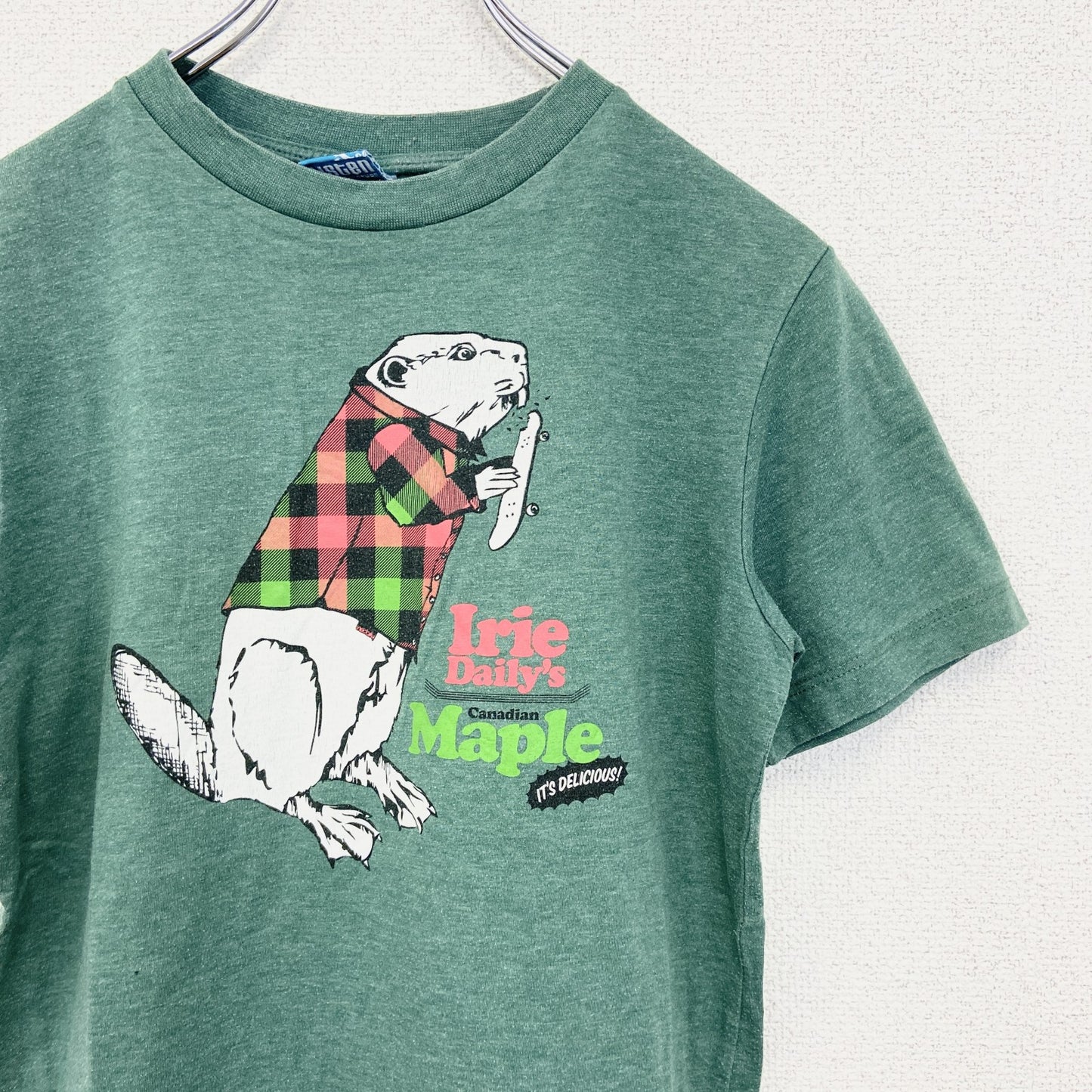 古着 used　riedaill　半袖プリントTシャツ　ビーバー　クルーネック　カジュアル　シティーボーイ　緑　レトロ　Sサイズ