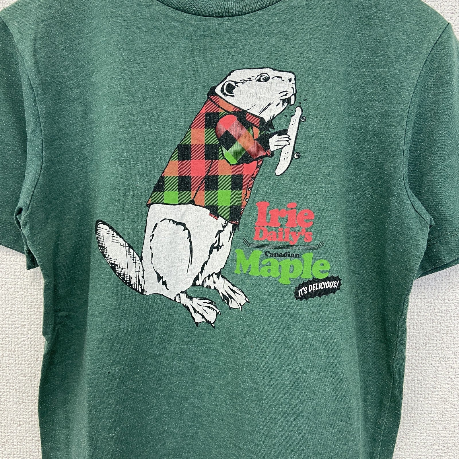 古着 used　riedaill　半袖プリントTシャツ　ビーバー　クルーネック　カジュアル　シティーボーイ　緑　レトロ　Sサイズ