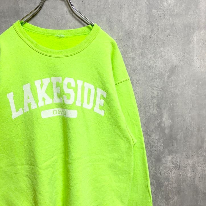 古着 used　長袖ロゴプリントスウェット　トレーナー　LAKESIDE　オハイオ州　緑色　ライトグリーン　秋冬服　Lサイズ