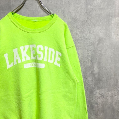 古着 used　長袖ロゴプリントスウェット　トレーナー　LAKESIDE　オハイオ州　緑色　ライトグリーン　秋冬服　Lサイズ