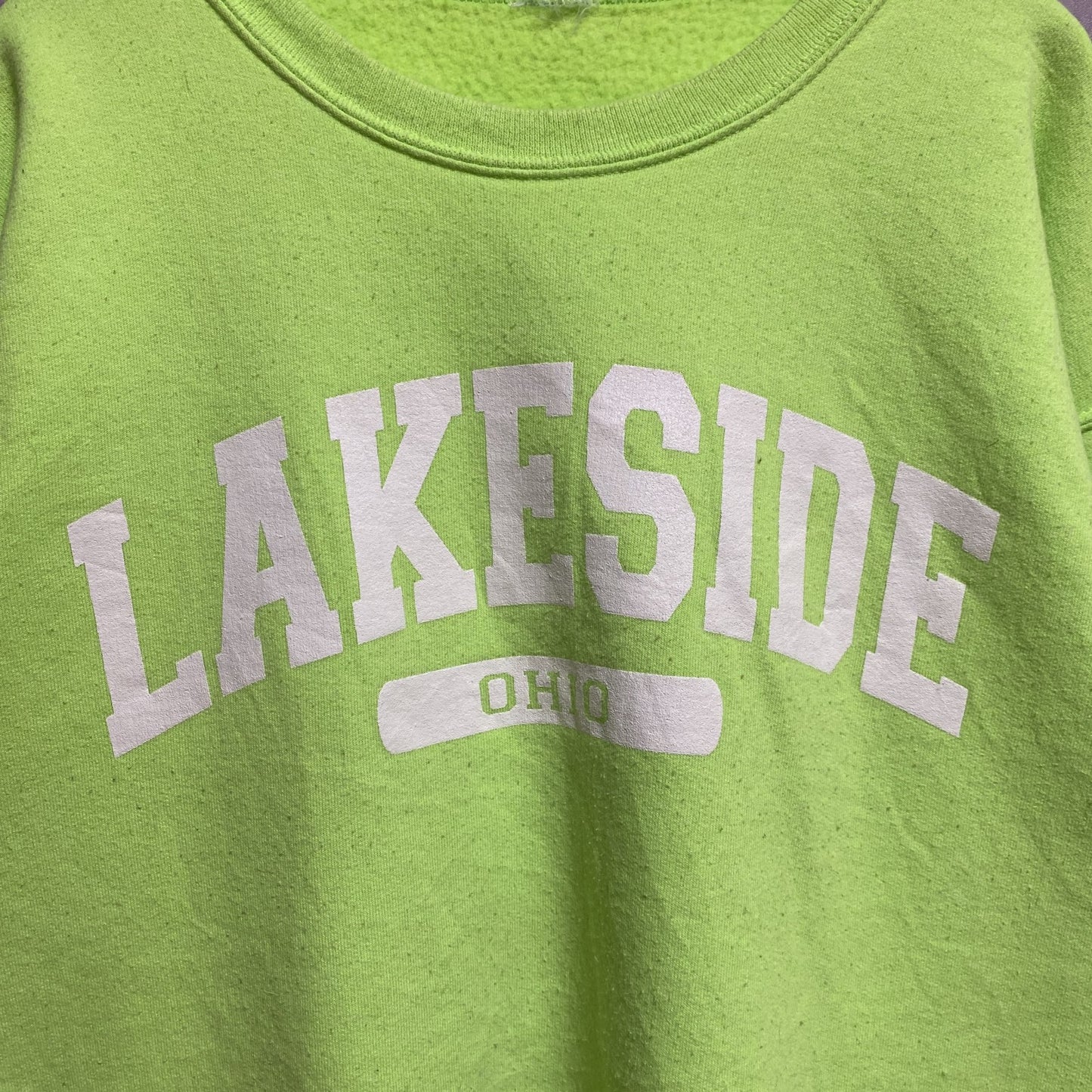 古着 used　長袖ロゴプリントスウェット　トレーナー　LAKESIDE　オハイオ州　緑色　ライトグリーン　秋冬服　Lサイズ