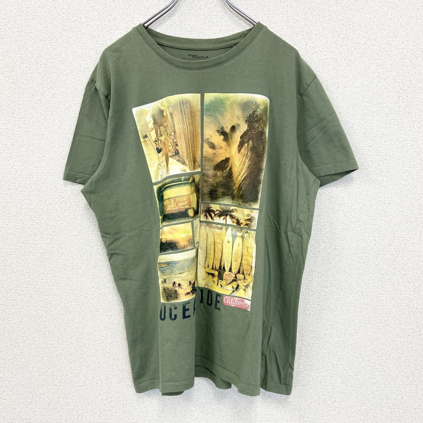 古着 used　JEAN PASCALE　半袖コラージュプリントTシャツ　クルーネック　カジュアルデザイン　黄緑　XLサイズ
