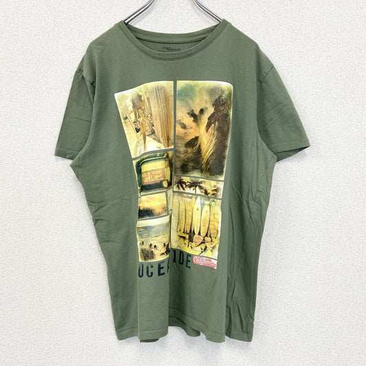 古着 used　JEAN PASCALE　半袖コラージュプリントTシャツ　クルーネック　カジュアルデザイン　黄緑　XLサイズ