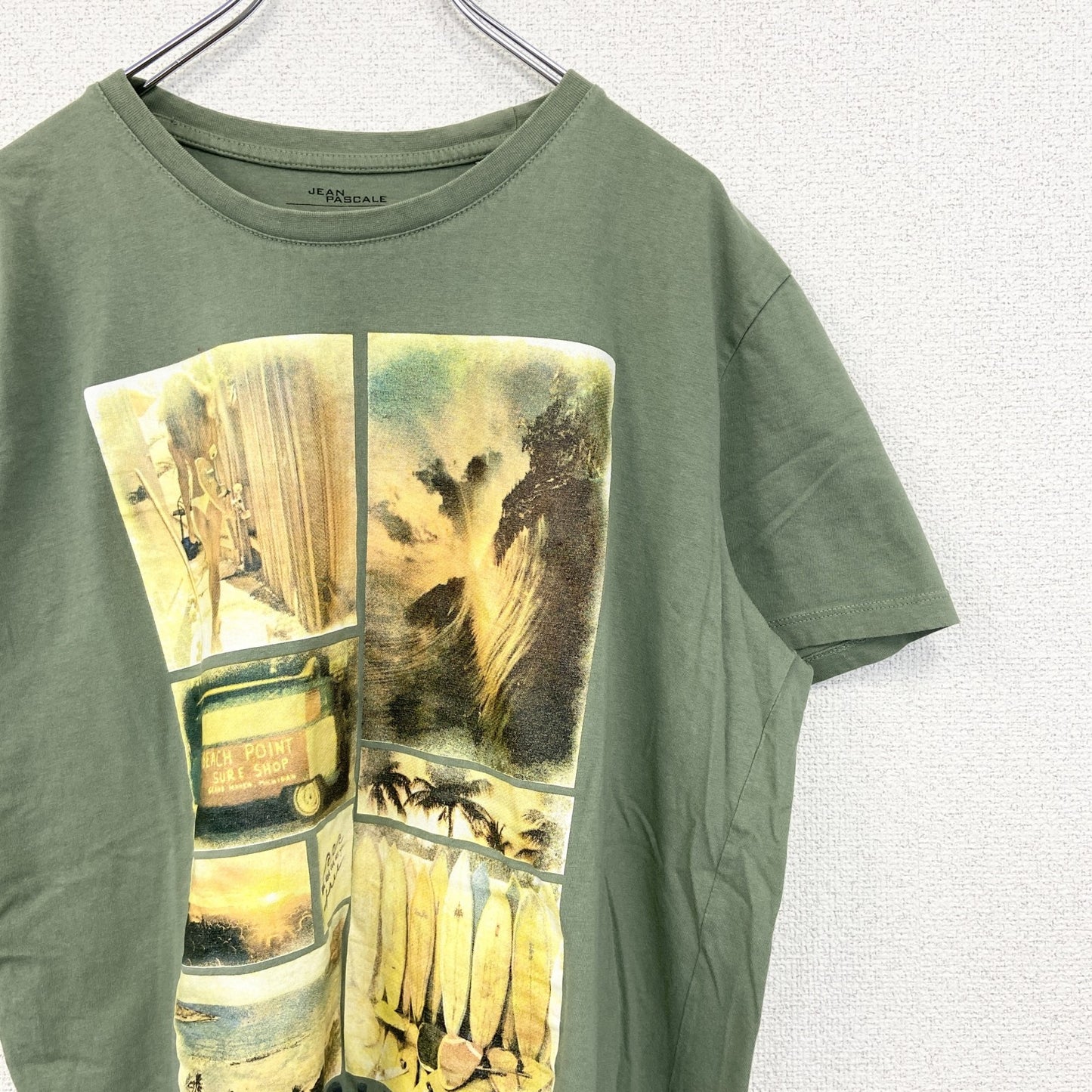 古着 used　JEAN PASCALE　半袖コラージュプリントTシャツ　クルーネック　カジュアルデザイン　黄緑　XLサイズ