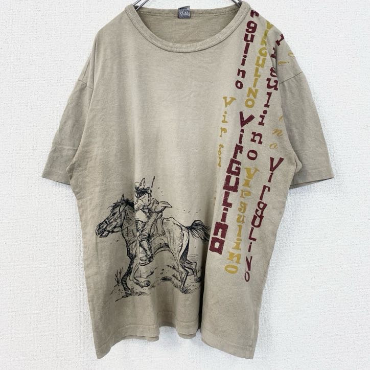 古着 used　VIRGULINO　半袖プリントTシャツ　馬　ホース　ブラジル　レトロデザイン　ベージュ　XLサイズ