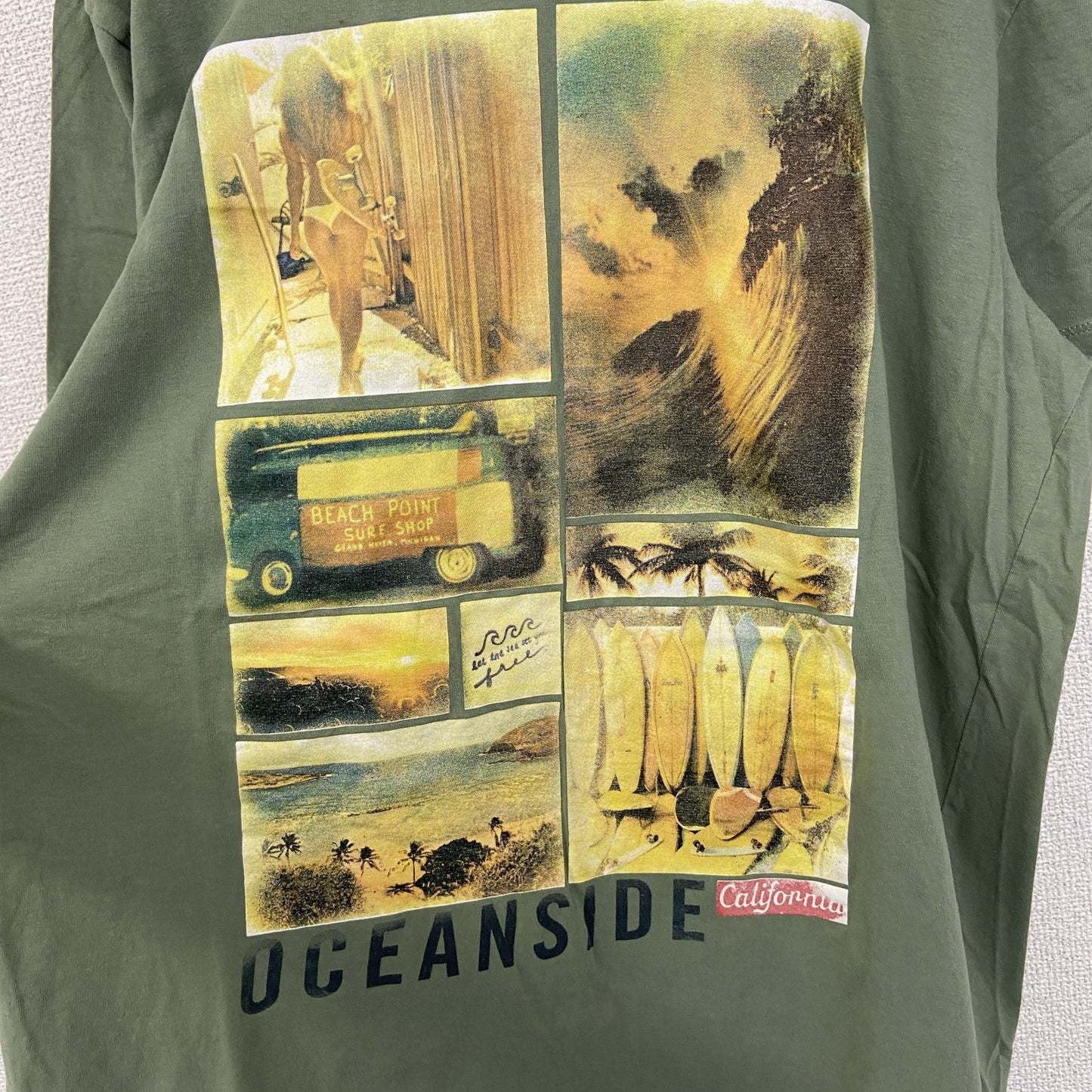 古着 used　JEAN PASCALE　半袖コラージュプリントTシャツ　クルーネック　カジュアルデザイン　黄緑　XLサイズ