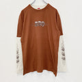 古着 used　REWARD　長袖レイヤードTシャツ　Y2K　クルーネック　スカルデザイン　バイカラー　茶色　白　レトロ　Lサイズ