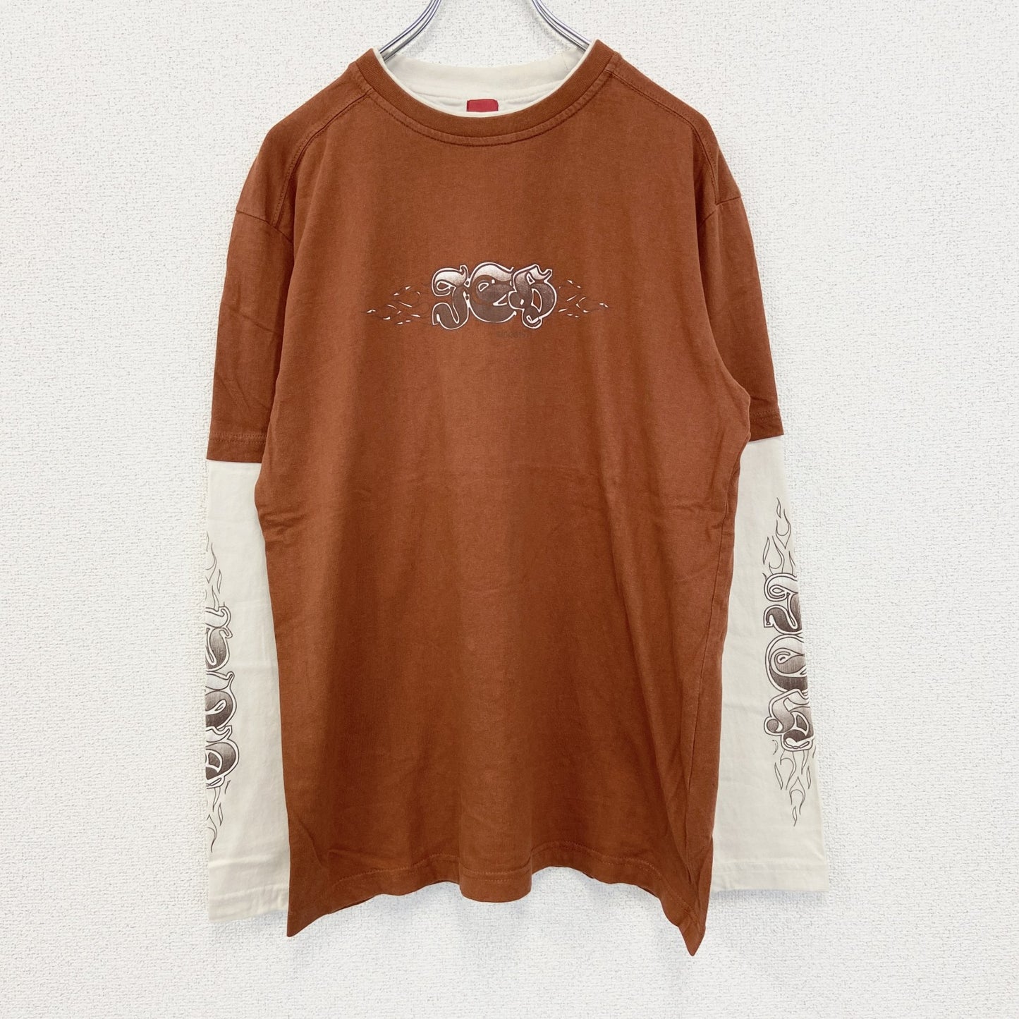 古着 used　REWARD　長袖レイヤードTシャツ　Y2K　クルーネック　スカルデザイン　バイカラー　茶色　白　レトロ　Lサイズ
