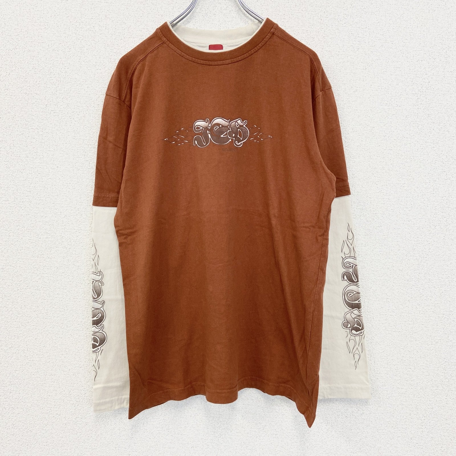 古着 used　REWARD　長袖レイヤードTシャツ　Y2K　クルーネック　スカルデザイン　バイカラー　茶色　白　レトロ　Lサイズ
