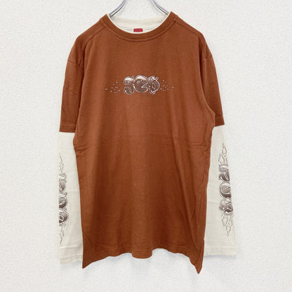 古着 used　REWARD　長袖レイヤードTシャツ　Y2K　クルーネック　スカルデザイン　バイカラー　茶色　白　レトロ　Lサイズ