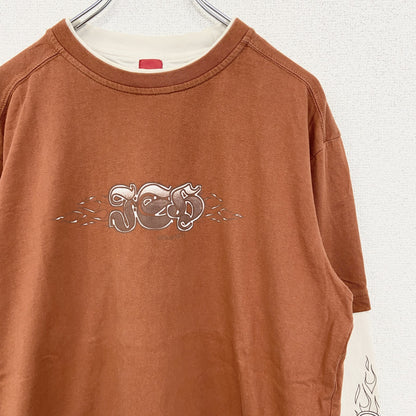 古着 used　REWARD　長袖レイヤードTシャツ　Y2K　クルーネック　スカルデザイン　バイカラー　茶色　白　レトロ　Lサイズ